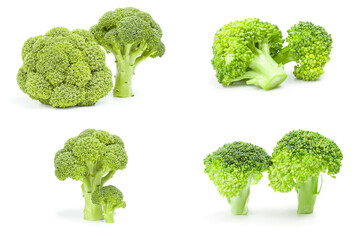 Collage of fresh green broccoli isolated on a white background with clipping path