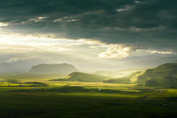 view from mountain, summer sunset, Iceland