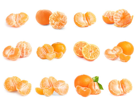 Set of fresh ripe tangerines on white background