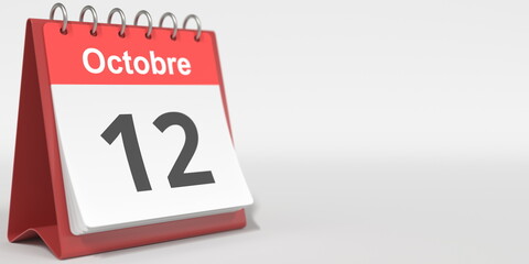 October 12 date written in French on the flip calendar page, 3d rendering