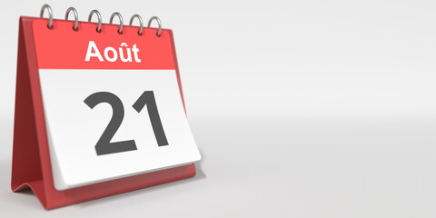 Fototapeta premium August 21 date written in French on the flip calendar page, 3d rendering