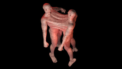 Naklejka premium Dark CRISPR. Genetically engineered human clones dividing. Conjoined twins. People conecting fused together with skin membrane. Human cloning . Genetically engineered people . Rendering illustration