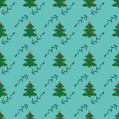 Patern, seamless texturewith cute Christmas trees, decorations and a tree branch.Colorful pattern design for web, print, gift paper. Hand drawn vector illustration on a green background in red, color