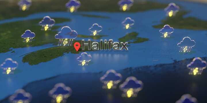 Stormy Weather Icons Near Halifax City On The Map, Weather Forecast Related 3D Rendering