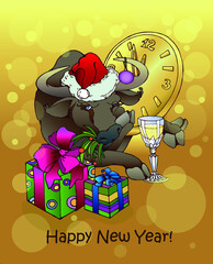  Vector illustration.
New Year gift card, bull in the image of Santa Claus.
