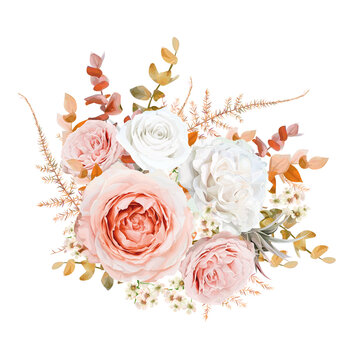 Bright vector floral bouquet design. Blush peach, pale pink Rose, ivory white wax flowers, golden brown, orange red fall Eucalyptus, ruscus, fern leaves elegant editable isolated cute designer element