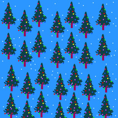 The Christmas gift background consists of a cluster of Christmas trees and snow decorated with balls.