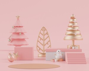3d rendering scene of Christmas holiday concept decorate with tree and displays podium or pedestal for mock up and products presentation.