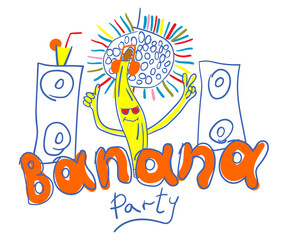 Typography slogan Banana party. Hand drawn vector illustration for t shirt print.
