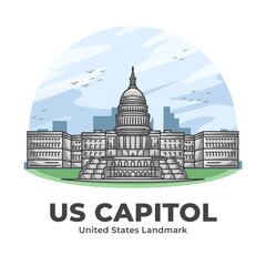 US Capitol United States Landmark Minimalist Cartoon Illustration
