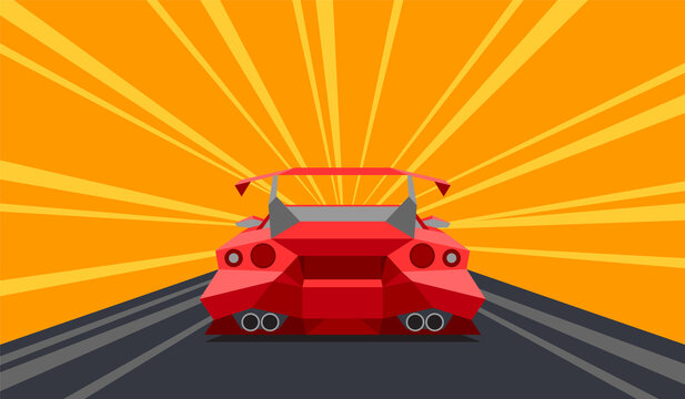 Supercar Rear Perspective View On A Race Track. Comic Flat Design. Vector Illustration.