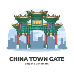 China Town Gate England Landmark Minimalist Cartoon Illustration