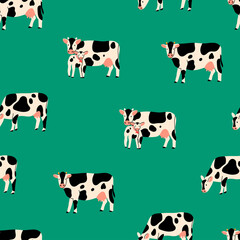 Cows and Calf standing and looking. Cute animals. Hand drawn trendy Vector illustration. Funny characters. Cartoon style. Flat design. Colorful square Seamless Pattern. Background, Wallpaper