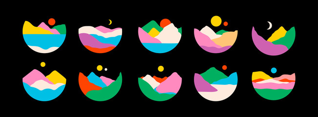 Mountains, river, sea view. Hills, sun, Moon. Round Icons. Flat Abstract design. Scandinavian style landscapes. Big Set of hand drawn trendy Vector illustrations. Wallpaper Templates for stories