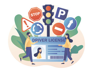 Driver license. Traffic rules. Road signs. Education and drive lesson. Tiny people studying in driving school and passing exams. Modern flat cartoon style. Vector illustration on white background