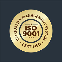 ISO 9001 certified stamp, quality management system vector illustration