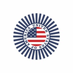 Colored illustration of flag, rays, stars on a white background. Vector illustration for logo, emblem, sticker. Flag, symbols of the USA.