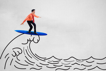Happy businessman surfing on drawn high waves