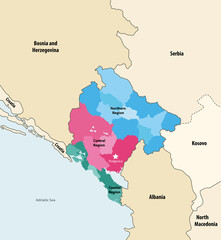 Montenegro municipalities vector map colored by regions with neighbouring countries and territories
