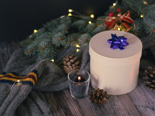 Christmas candle with decorations. Christmas background	