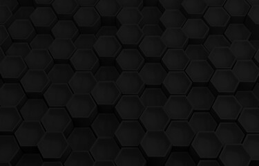 Abstract black hexagon background; dark honeycomb pattern; close up of hex geometric structure; perspective view; 3d rendering, 3d illustration	