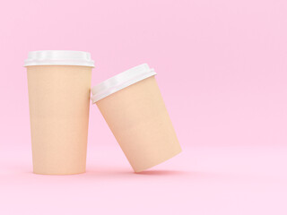 Modern Reusable Cardboard Cup 3D Rendering With pink Background for Hot and Cold Drinks, Espresso Coffee Milk Tea Beverage Copy Space
