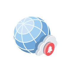 Globe cloud bell. Vector 3d isometric, color web icons set, new flat style. Creative illustration, idea for infographics.