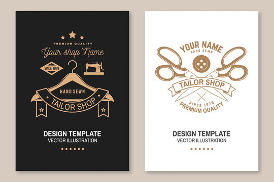 Set of tailor shop covers, invitations, posters, banners, flyers, placards. Vector illustration Template design for branding, advertising for sewing shop business
