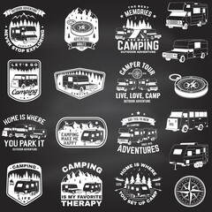 Set of outdoor adventure quotes. Vector. Concept for shirt or logo, print, stamp or tee. Vintage design with mountains, camping trailer, camper van and forest silhouette