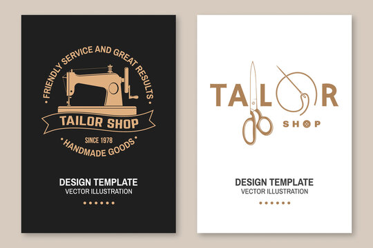 Set of tailor shop covers, invitations, posters, banners, flyers, placards. Vector illustration Template design for branding, advertising for sewing shop business
