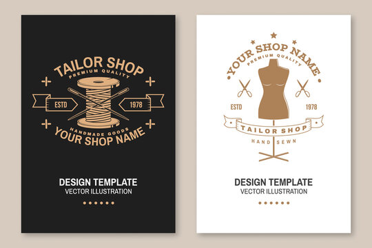 Set of tailor shop covers, invitations, posters, banners, flyers, placards. Vector illustration Template design for branding, advertising for sewing shop business