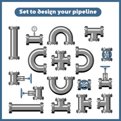 A set for creating a pipeline. Vector illustrations in flat style isolated on a white background.