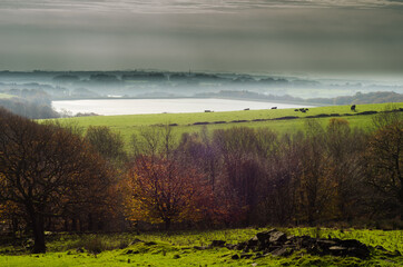 Yarrow Reservoir Anglezarke Rivington hazy misty view with Blackrod in background
