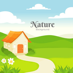 Cute house with green scenery and flower vector illustration