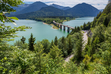 Lake Sylvenstein panoramic view on the s curved 307 road from Bad Toelz through the Bavarian Alps, Germany