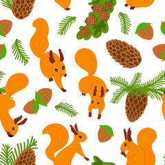 Cartoon funny squirrels . Seamless vector pattern. Bright colored elements. Spruce and fir branch, cone, hazelnut, seeds. Different poses of furry orange animals. Simple shapes and forms.