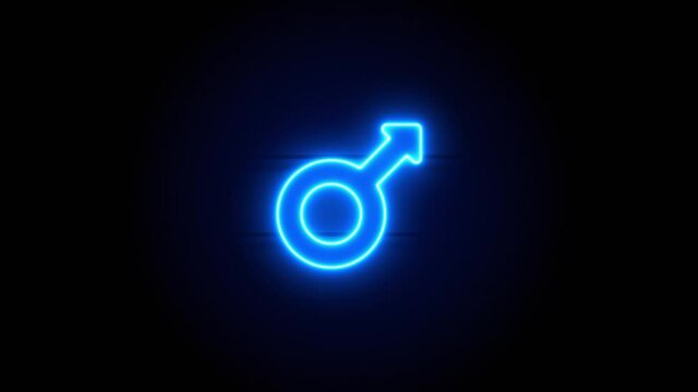 Mars neon sign appear in center and disappear after some time. Animated blue neon icon on black background. Looped animation.
