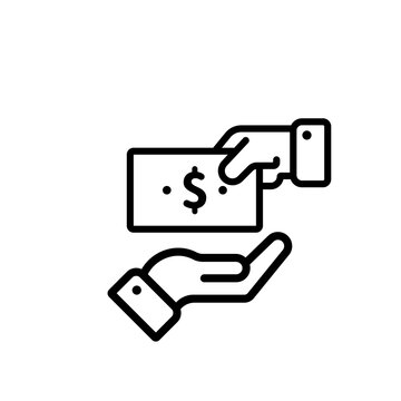 Give money outline icon. Payment with money. Hand holding paycheck icon.