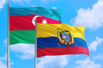 Ecuador and Azerbaijan national flag waving in the windy deep blue sky. Diplomacy and international relations concept.