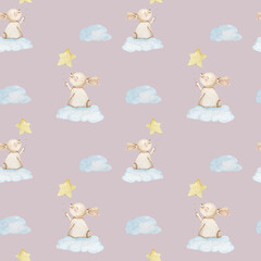 watercolor seamless pattern with bunny and clouds