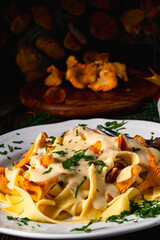 Tagliatelle with fresh chanterelles in a mushroom sauce