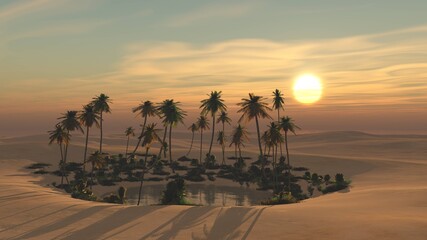 Oasis at sunset in a sandy desert, a panorama of the desert with palm trees,
