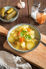 Pickled cucumber soup with vegetables on a wooden background