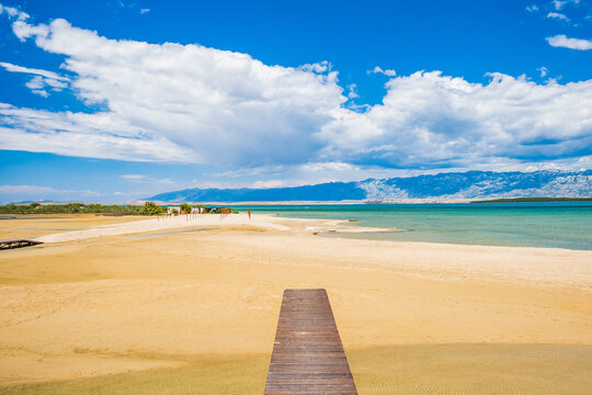 Sand lagoon near town of Nin in Dalmatia, Croatia. Adriatic coastline and Velebit mountain in background.