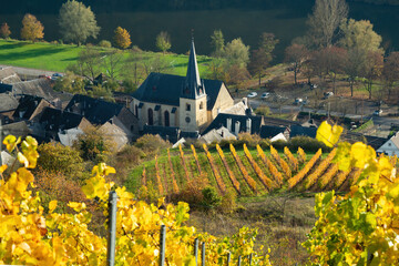 View to the catholic parish church St. Stephan in Pommern framed by colourful autumn vine leaves