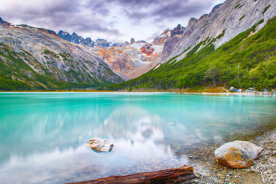  Sunset over Laguna Esmeralda lake in Tierra del Fuego in Argentina