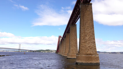 A view of the Victorian red cantilever Forth Railway Bridge at South Queensferry, near Edinburgh,...