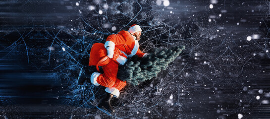 Santa Claus on ice skates goes to Christmas. Santa Claus hurries to meet the New Year with gifts...