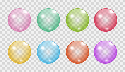 Flying transparent soap bubbles on checkered background. Realistic colored balls. Vector texture.