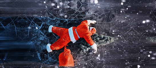 Santa Claus on ice skates goes to Christmas. Santa Claus hurries to meet the New Year with gifts...